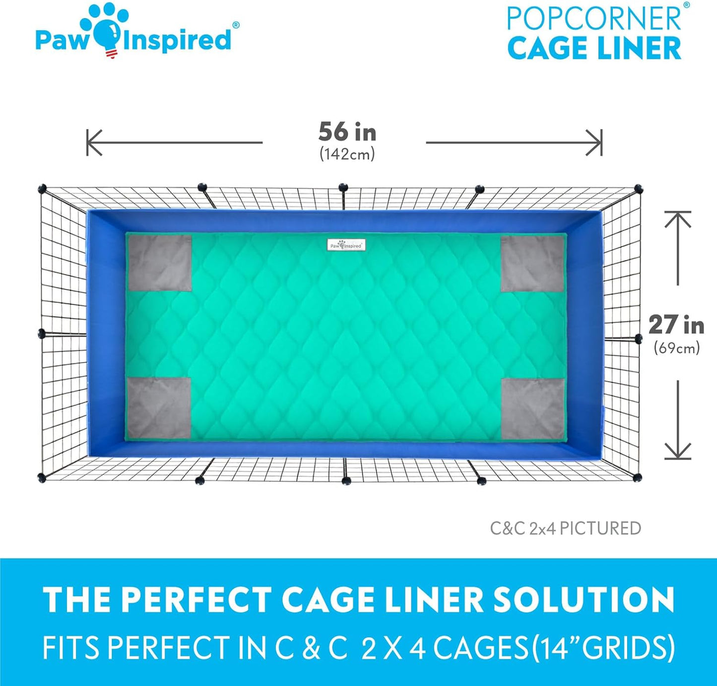 Paw Inspired PopCorner Guinea Pig Cage Liners | Washable Fleece Bedding or Pet Bed Mat for Small Animals | Super Absorbent Pee Pad with Reinforced Corners and Waterproof Bottom (C&C 2x4, Green)