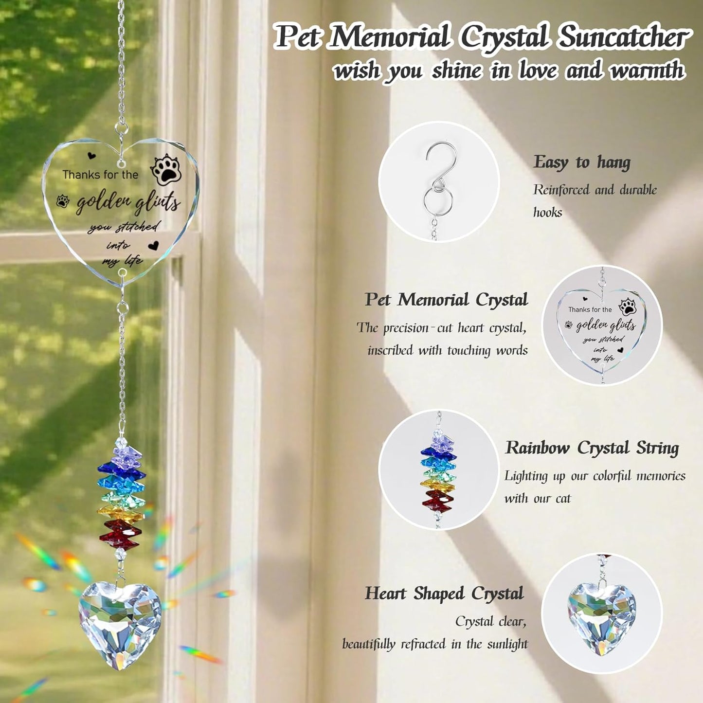 Dog Memorial Gifts for Loss of Dog, Pet Memorial Suncatcher, Pet Sympathy Gifts, Heart Shaped Suncatcher with Personalized Words, Remembrance Bereavement Gift for Loss of Dogs Cats