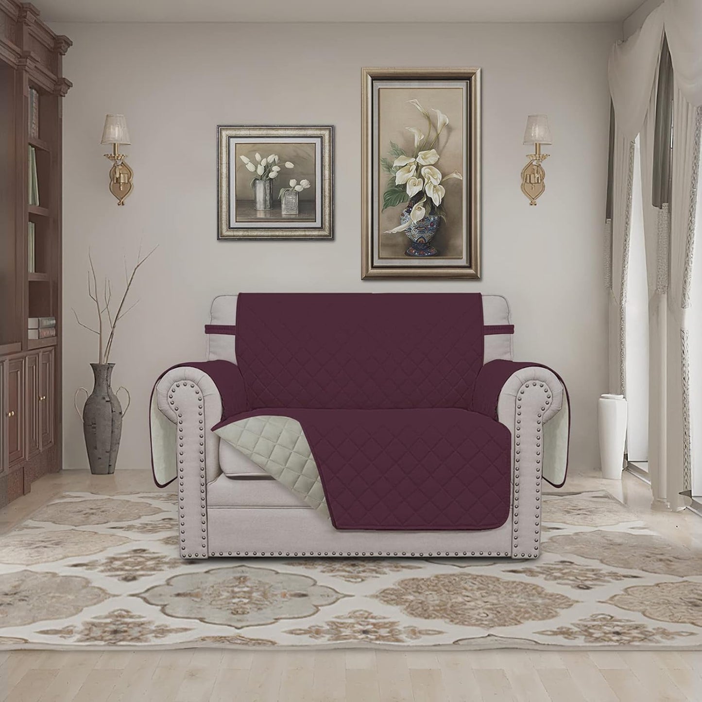 Easy-Going Oversized Chair Sofa Slipcover Reversible Sofa Cover Water Resistant Couch Cover Furniture Protector Cover with Elastic Straps for Pets Dog (Oversized Chair, Wine/Beige)