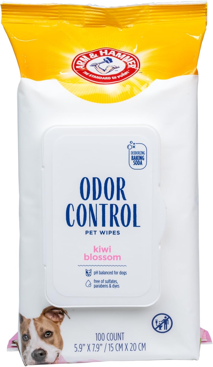 Arm & Hammer for Pets Odor Control Wipes for Dogs, Best Odor Eliminating Waterless Cleaning for Dogs & Puppies | Kiwi Blossom Scent, 100 Count