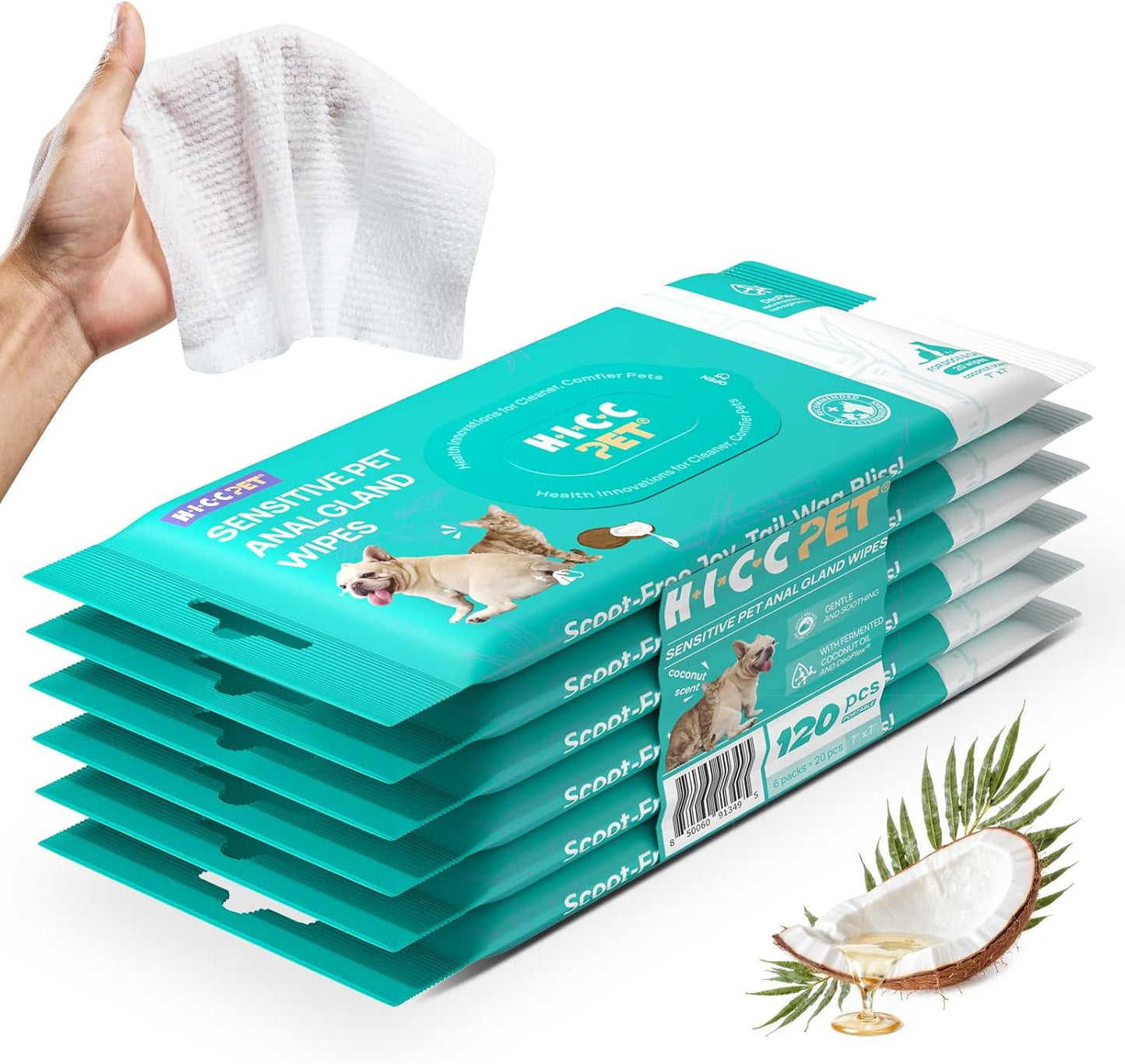 HICC PET Wipes for Dogs & Cats, Vet Recommended Cleansing Deodorizing & Soothing Allergy Infections Anal Gland Wipes with Coconut Oil, Dog Wipes for Cleaning Butt Paw, Remove Small Animal Coat Stain