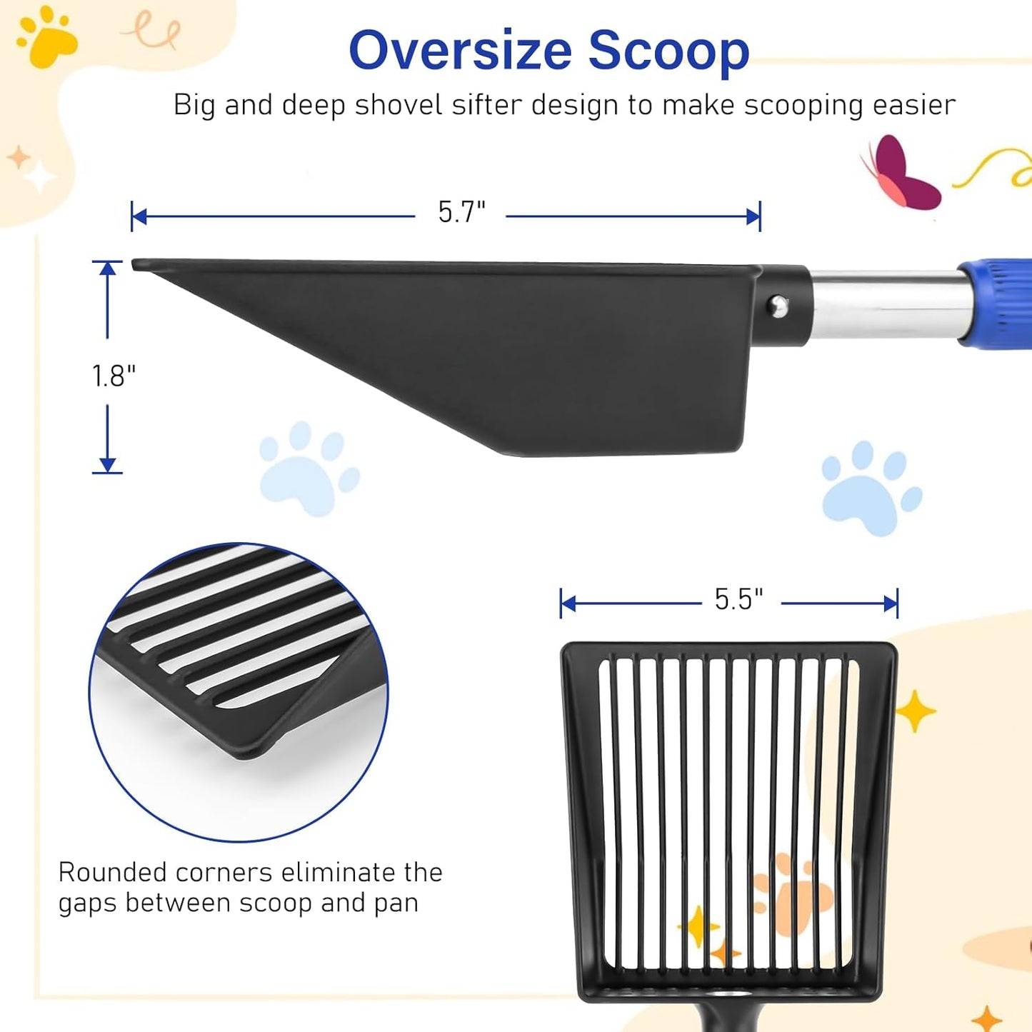 JAMIEWIN Extendable Metal Cat Litter Scoop, Long Handle Litter Sifting Shovel, 21"-39.5" No Bending Back Cat Scooper for Litter Box Heavy Duty Pet Poop Shovel Chicken Poop Scooper