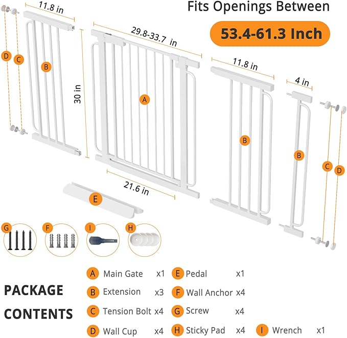 Extra Wide Baby Gate with Door 53.4-61.3 Inch Pressure Mounted, Auto Close Child Baby Gates for Doorways No Drill, Walk Through Dog Gate Indoor for The House, White