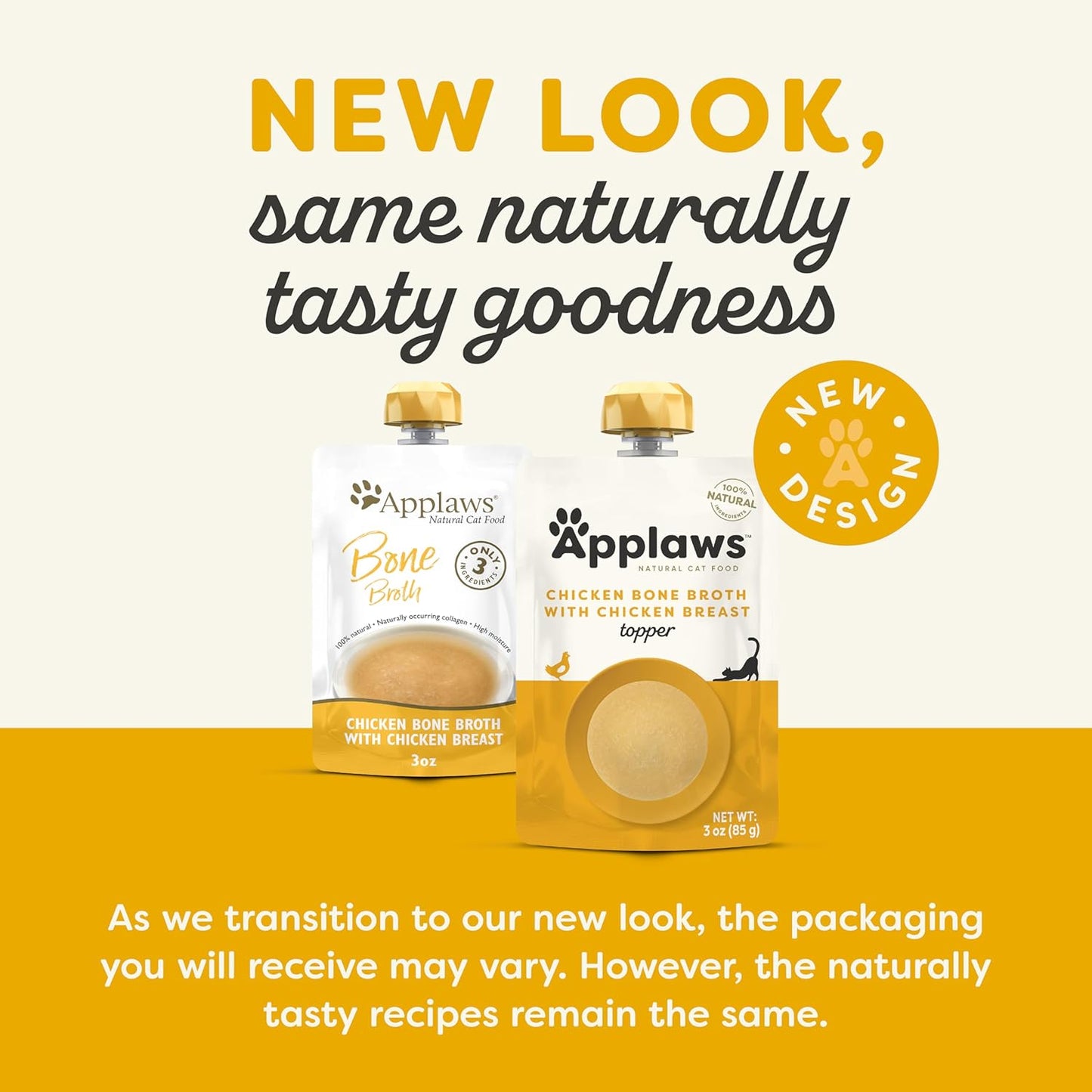 Applaws Natural Wet Cat Food in Topper, Limited and Natural Ingredients, High Protein with No Artificial Additives, Chicken Breast Bone Broth (12 x 3oz Resealable Spout Pouches)