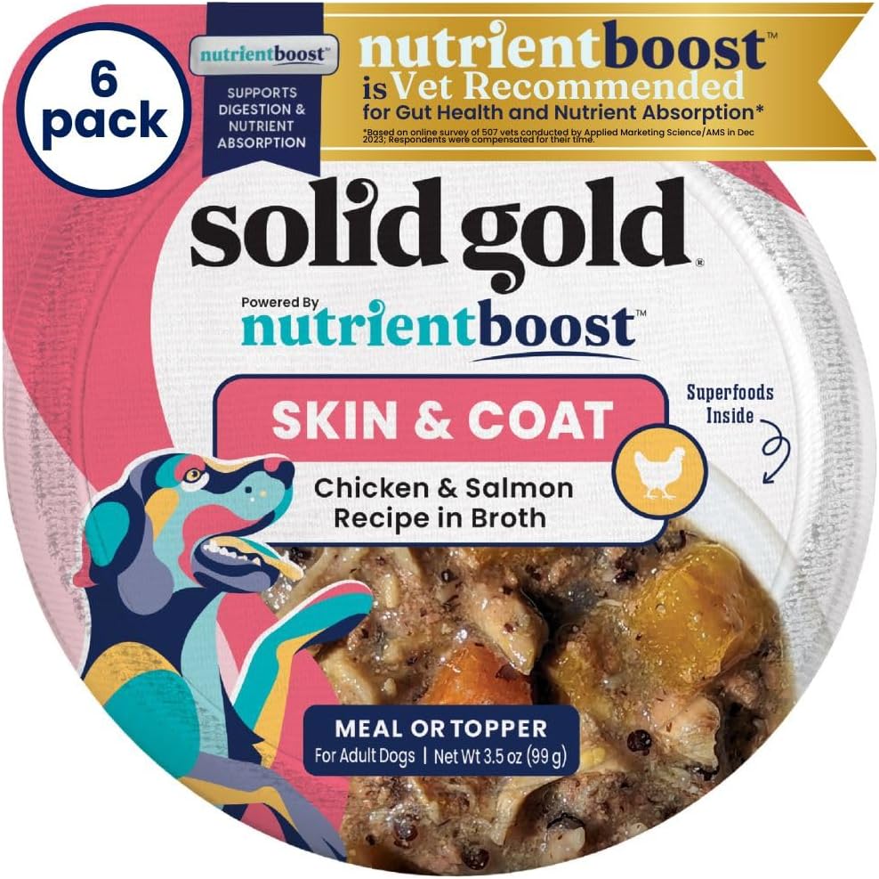 Solid Gold Wet Dog Food Topper & Meal Cups - for Adult & Senior Small Breed & Large Breed Dogs - W/Salmon, Chicken & Superfoods for Sensitive Stomachs, Gut Health & Skin & Coat Support - 3.5oz/6 Pack
