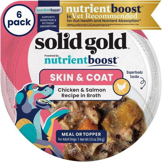 Solid Gold Wet Dog Food Topper & Meal Cups - for Adult & Senior Small Breed & Large Breed Dogs - W/Salmon, Chicken & Superfoods for Sensitive Stomachs, Gut Health & Skin & Coat Support - 3.5oz/6 Pack