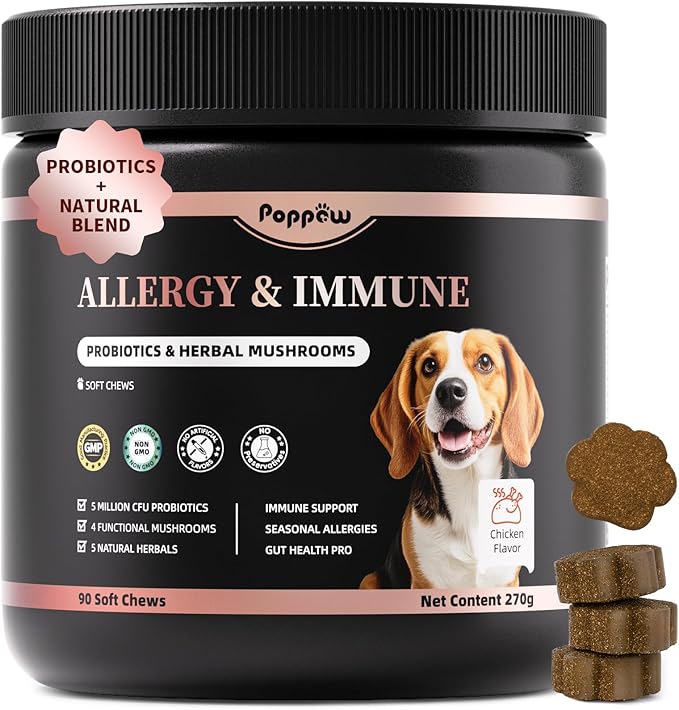 Dog Allergy Chews, Probiotics for Dog Allergy Relief - Itchy Skin and Itchy Ears - Allergy Paw Relief - Seasonal Allergies & Immune Gut Health & Joint, Energy Support, Chicken Flavor - 90 Count