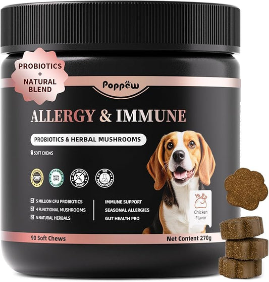 Dog Allergy Chews, Probiotics for Dog Allergy Relief - Itchy Skin and Itchy Ears - Allergy Paw Relief - Seasonal Allergies & Immune Gut Health & Joint, Energy Support, Chicken Flavor - 90 Count