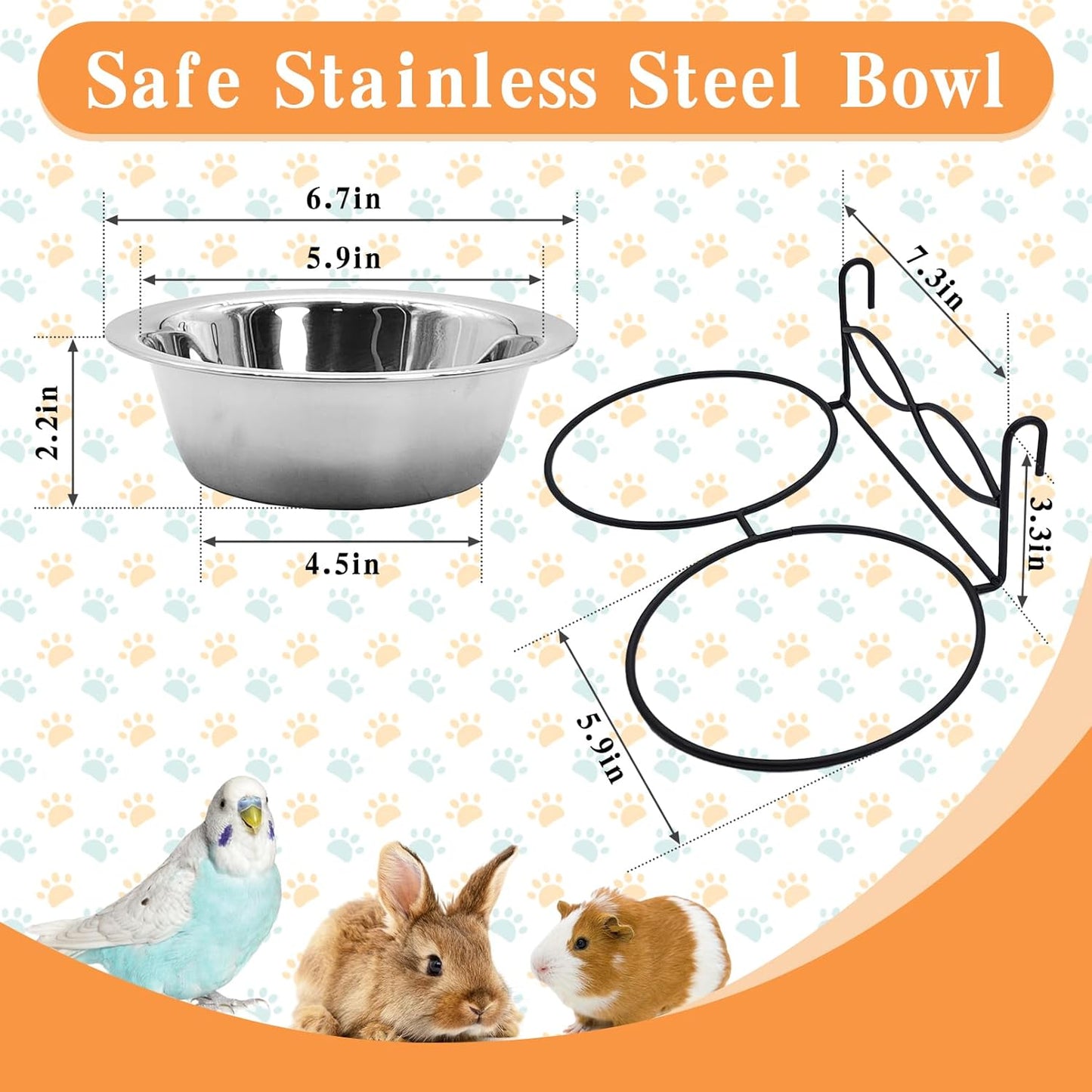 kathson Stainless Steel Bird Bowls for Cage, 2 PCS Metal Pet Food Water Dishes with Holder Feeder Cage Coop Hook Feeder Cups for Birds, Parrots, Small Sized Dogs and Cats (6.7 Inch Dia)