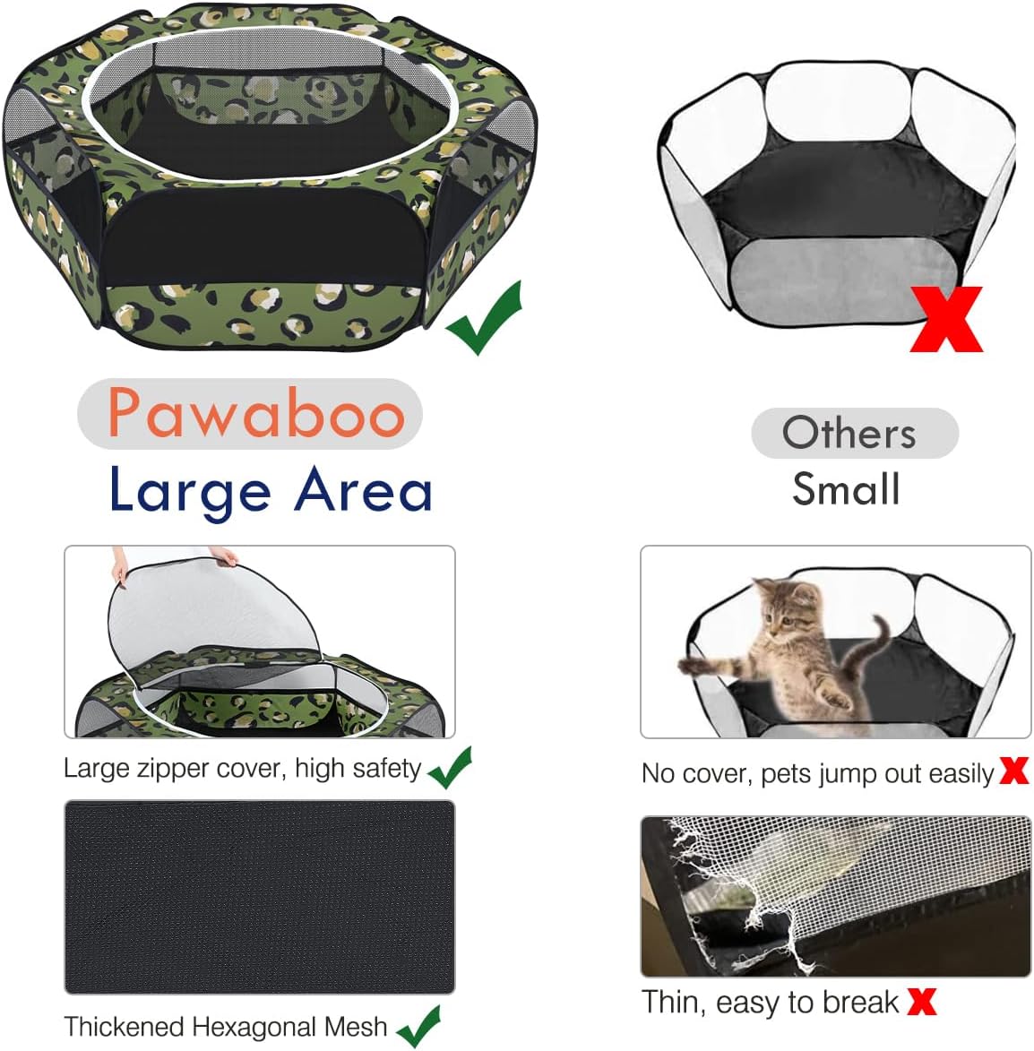 Pawaboo Small Animals Playpen, Waterproof Small Pet Cage Tent with Zippered Cover, Portable Outdoor Yard Fence with 3 Metal Rod for Chick/Kitten/Puppy/Guinea Pig/Rabbits/Hamster, Leopard Print