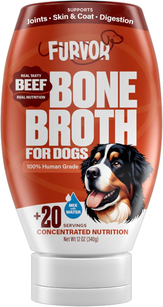 Beef Bone Broth Concentrate for Dogs - Collagen Protein Supplement - Digestion, Mobility, Coat, Immune System, Joints - Healthy Dog Food Gravy Topper - Human Grade, Made in USA (12 oz, 20 Servings)