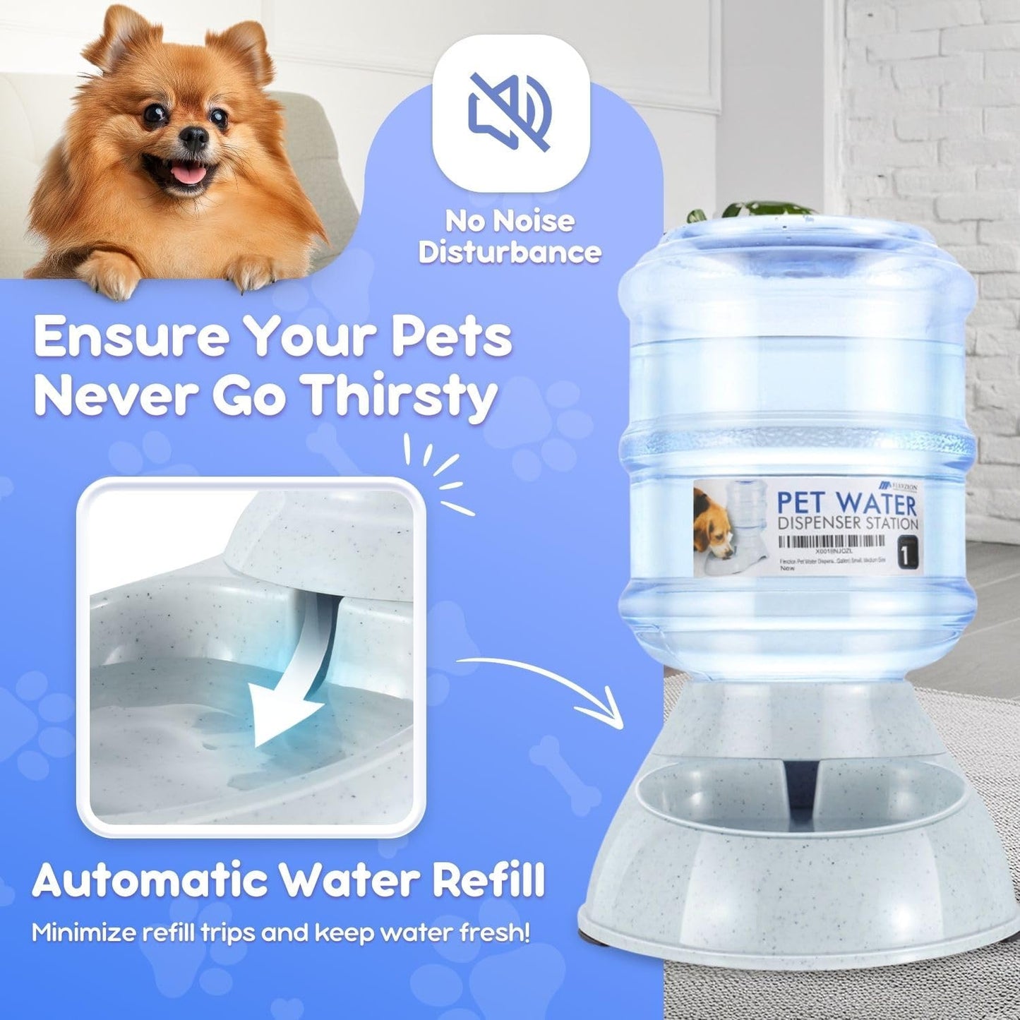 Flexzion Automatic Dog Water Bowl Dispenser for Cat Pet Animal (1 Gallon Dispener Water Jug) - Gravity Feeder Auto Replenish Waterer Drinking Bowl Fountain Bottle Dish Stand