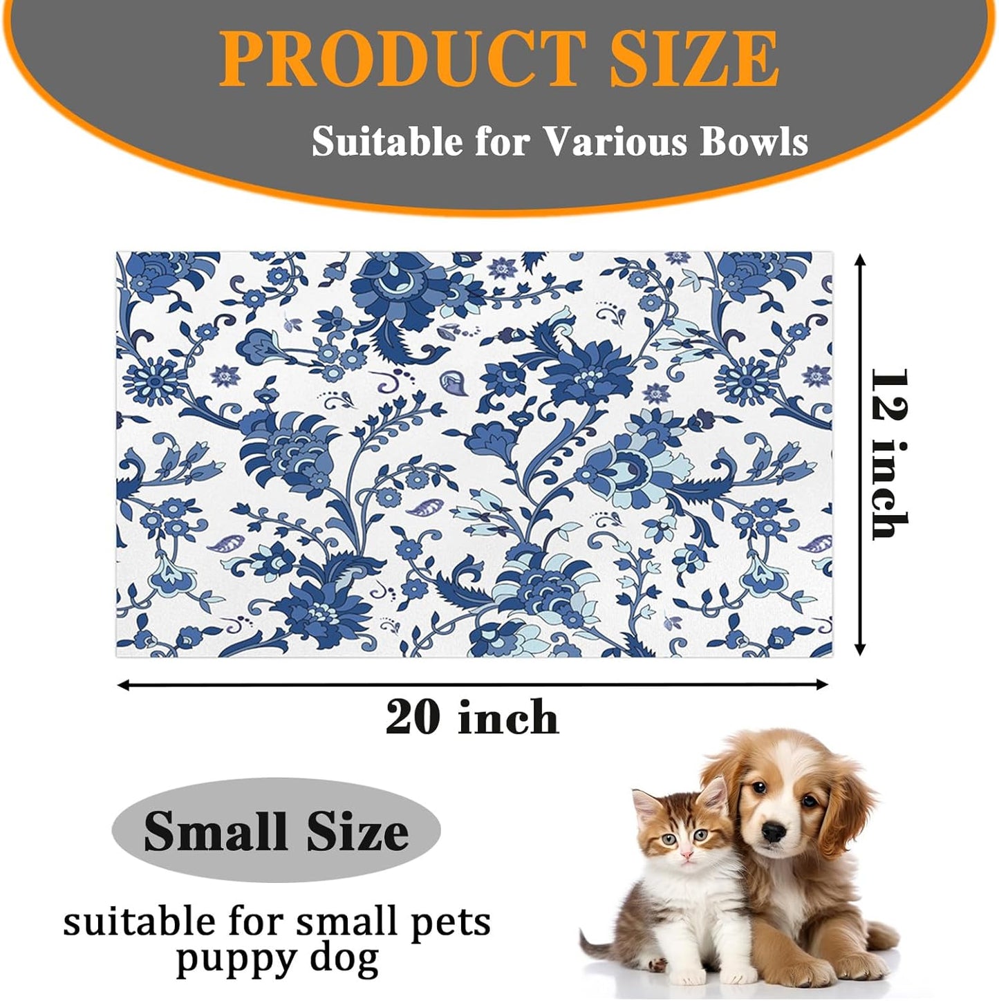 Pet Dog Food Mat Large - Absorbent Non-Slip Placemat for Dog Bowl,Cat Feding Mats for Floors,Dishmat for Food and Water,12"x20"(Vintage Flower)