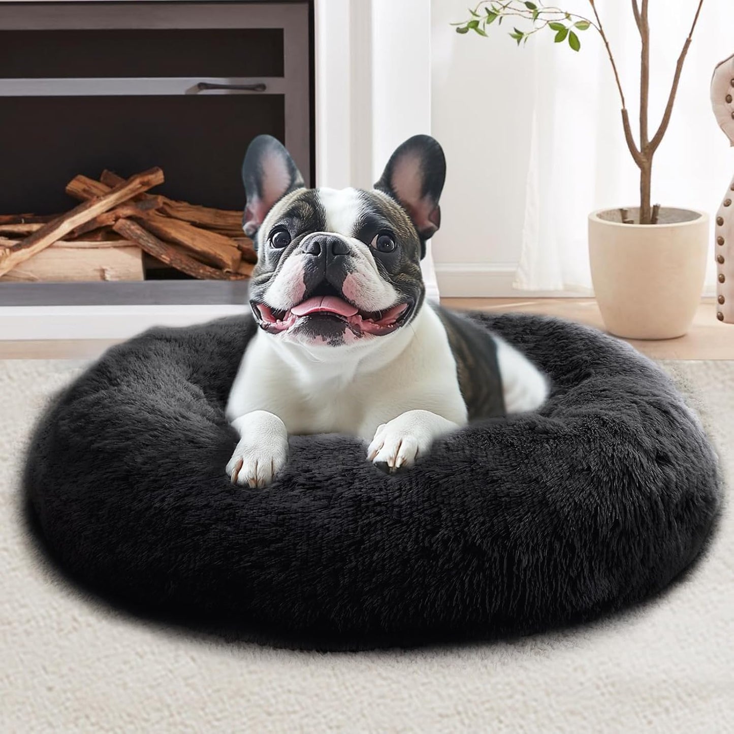 JOLLYVOGUE Calming Dog & Cat Bed for Small Dogs, Anti-Anxiety Donut Cuddler Cozy Soft Round Bed with Anti-Slip Bottom, Fluffy Faux Fur Plush Cushion Beds for Small Medium Pets (20")