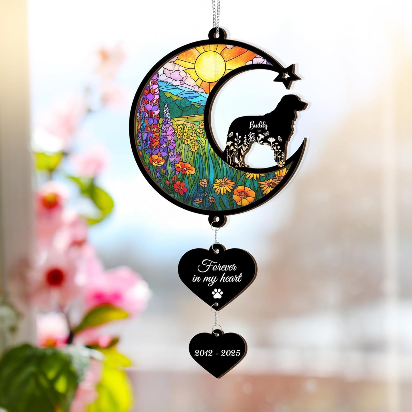 Custom Dog Memorial Suncatcher – Personalized Pet Loss Gift with Name, Breed & Background Variations, Remembrance Keepsake for Dog Lovers