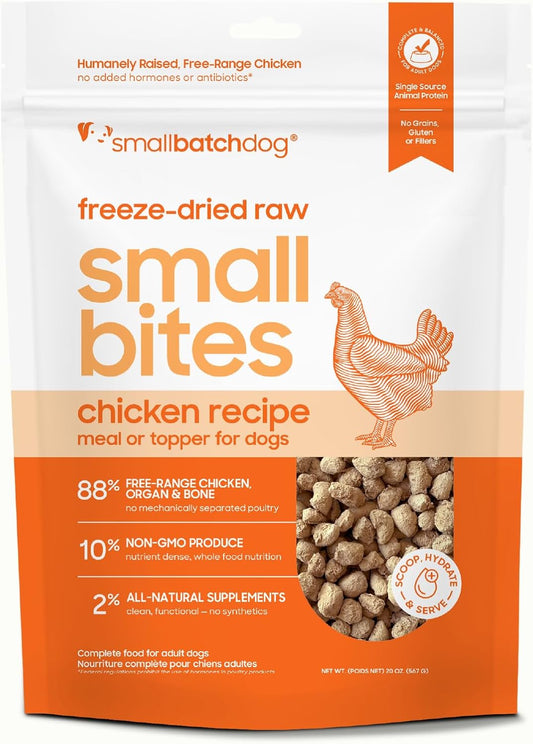 smallbatch Freeze-Dried Chicken Dog Food – Grain Free, Organic Produce – Raw Dehydrated Beef Bites, High Protein Complete Meal or Topper – Humanely Raised, Made in USA, 20oz