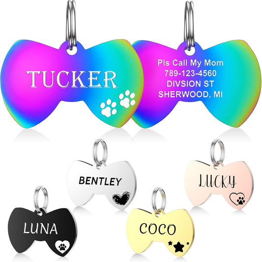 Dog Tags Engraved for Pets - YEHANTI Personalized Dog Tags with Lovely Icons, Durable Stainless Steel Pet ID Tags for Small Large Dogs Cats, Custom Dog Name Tags Engraved on Both Sides (Bow Tie)