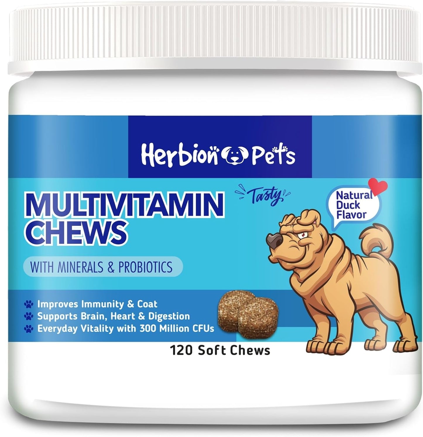 HERBION Pets Multivitamin Chews with Minerals & Probiotics, Improves Immunity & Coat, Supports Digestion, Brain & Heart Health, Delicious Natural Duck Flavor, Dog Supplements & Vitamins, Pack of 1