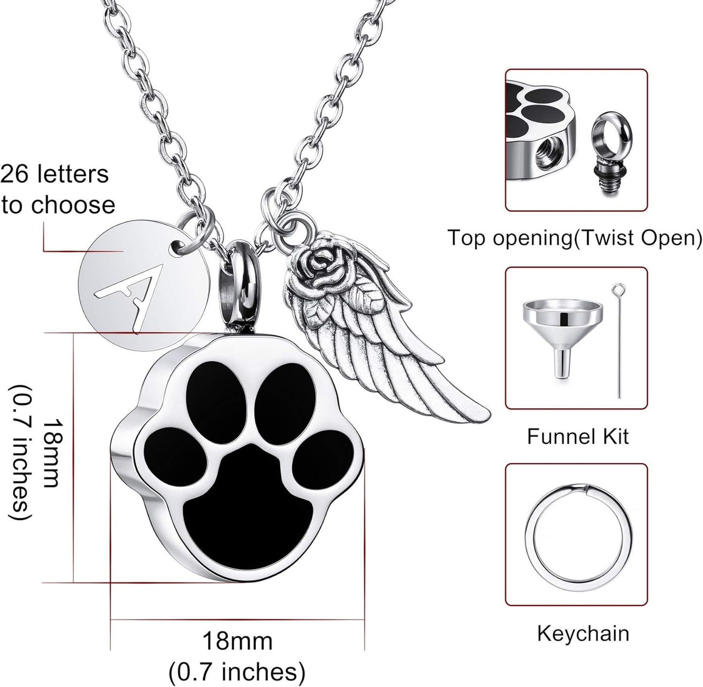 MeMeDIY Personalized Heart Paw Print Ashes Urn Pendant Necklace Custom Name/Photo/Date for Women Men Pet Lover Stainless Steel Memorial Dog Cat Pet Keepsake with Funnel Fill Kit Angel Wing