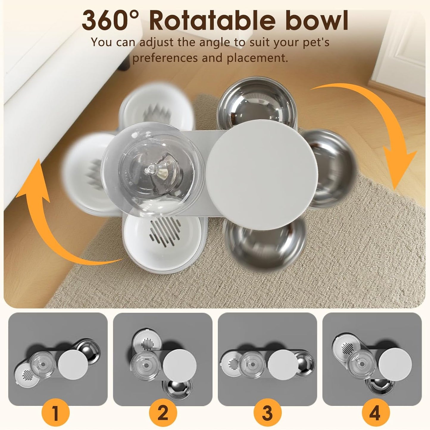 Automatic Gravity Cat Dog Feeder and Water Dispenser with 304 Stainless Steel Bowls 2 in 1 360 Degree Rotatable Auto 2.4L Dry Food and 2.6L Water Bowl for Small Medium Pet Dog Puppy Kitten (Gray)