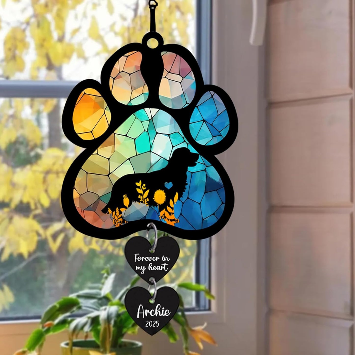 LOVELYPOD Personalized Dog Memorial Suncatcher, Custom Pet Memorial Gifts for Loss of Dog, SunCatcher Gift for Someone Who Lost A Pet, Stained Glass Acrylic Sympathy, Hanging Garden Decor with Paw