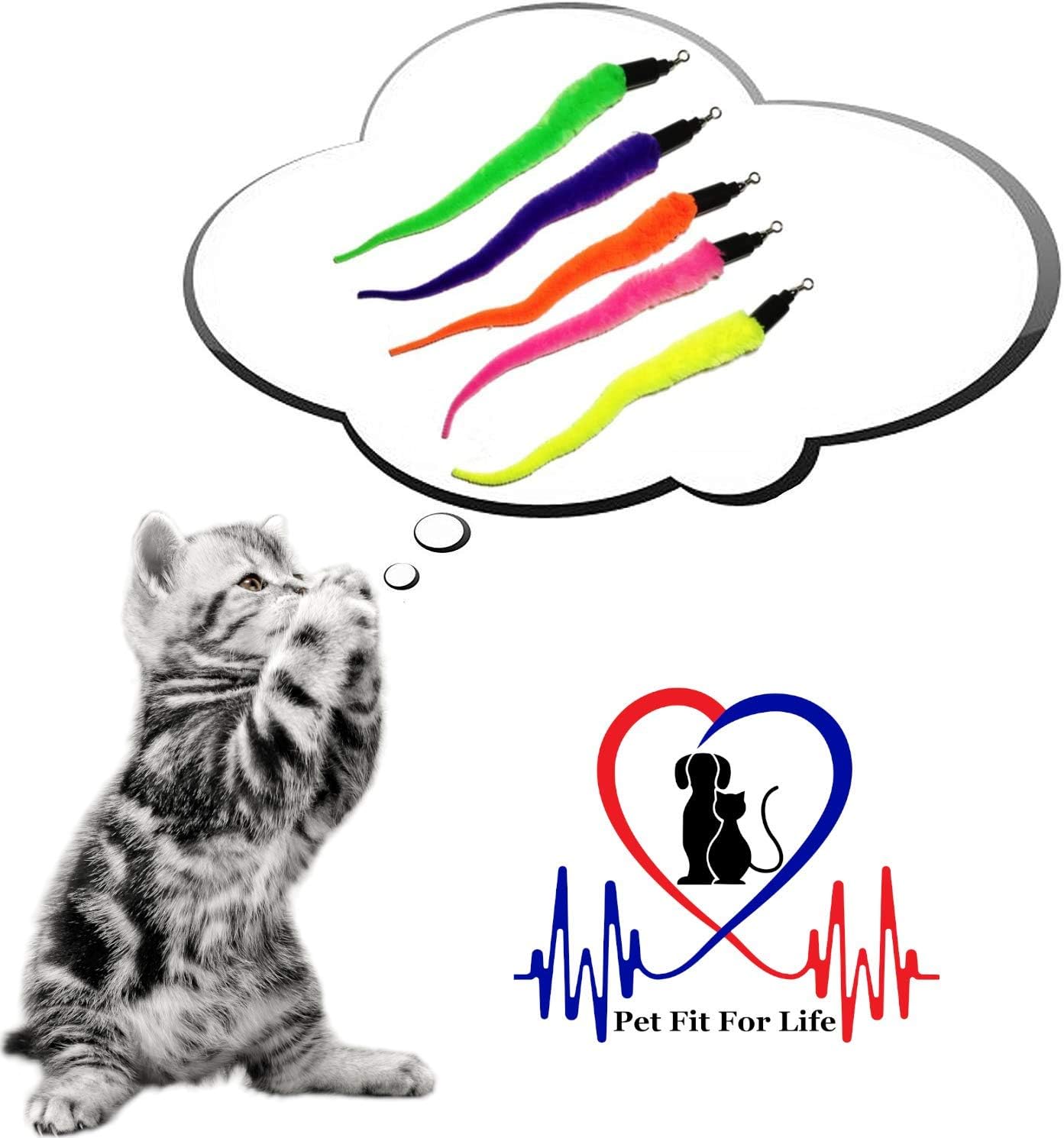 Pet Fit For Life Cat Wand Toy: 5-Piece Worm Teaser & Exerciser - Durable Flirt Pole/Cat Teaser Toy – Interactive Fun for Feline Fitness