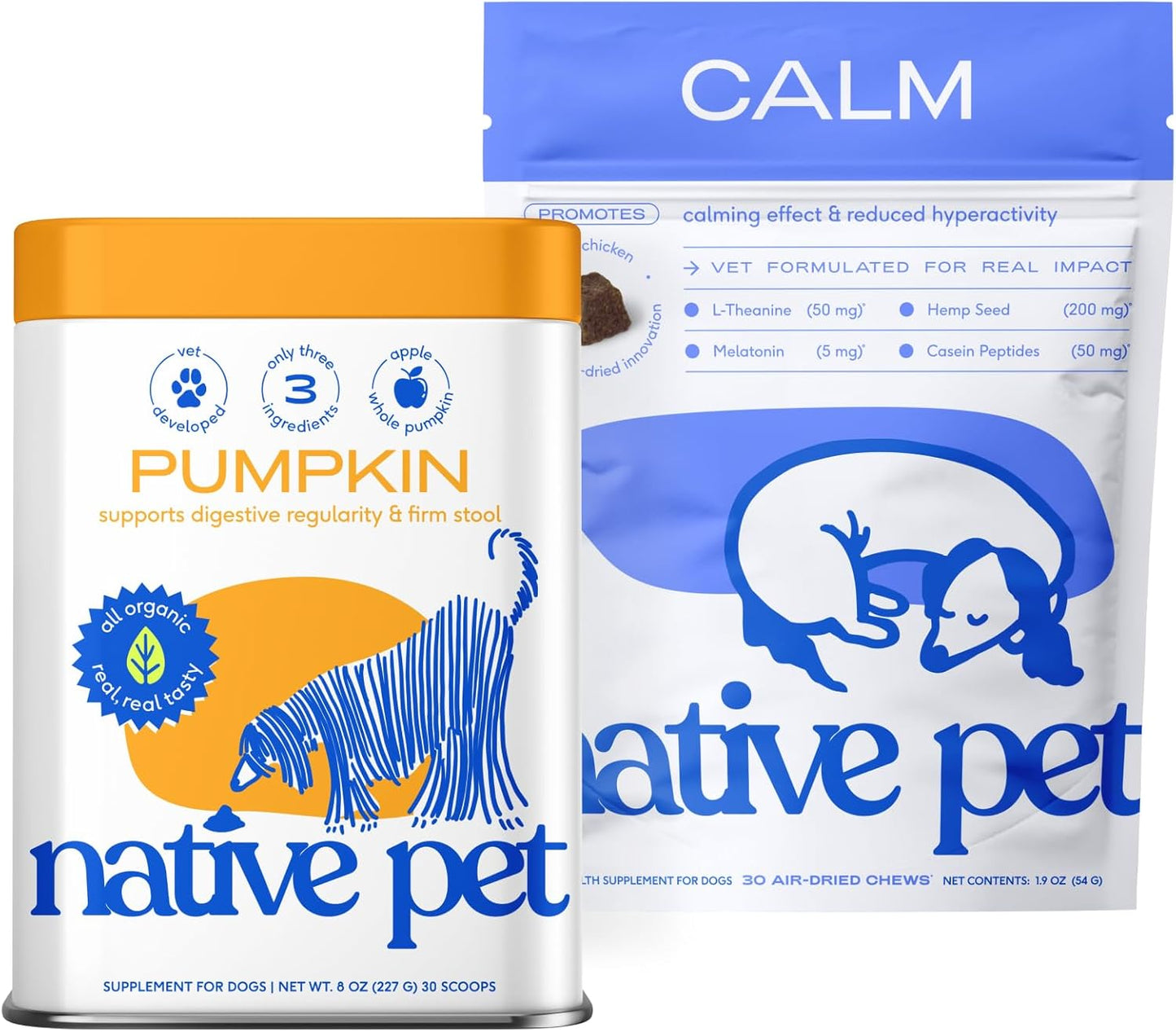 Native Pet Calm & Comfort Bundle: Dog Calming Chews (30 Air-Dried Chews) & Pumpkin for Dogs (30 Scoops) - Natural Anxiety Relief with Melatonin & Organic Pumpkin Powder Rich in Fiber