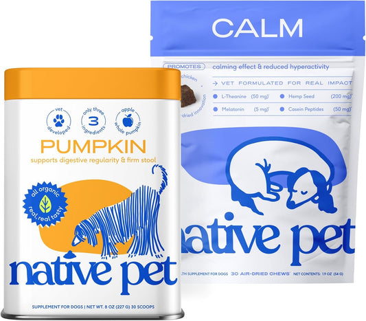 Native Pet Calm & Comfort Bundle: Dog Calming Chews (30 Air-Dried Chews) & Pumpkin for Dogs (30 Scoops) - Natural Anxiety Relief with Melatonin & Organic Pumpkin Powder Rich in Fiber