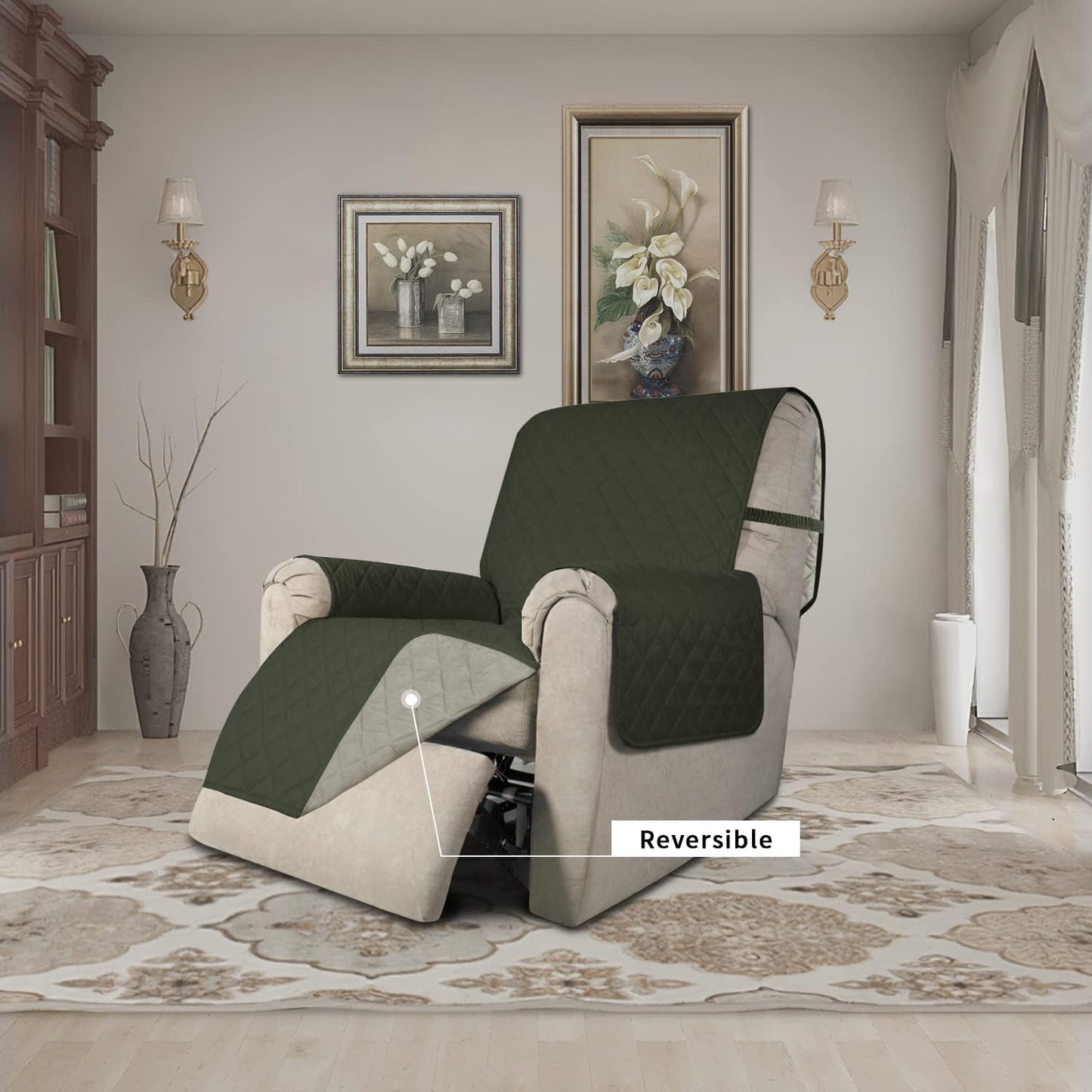 Easy-Going Recliner Chair Slipcover Reversible Sofa Cover Water Resistant Couch Cover Furniture Protector with Elastic Straps for Pets Dog (Recliner 22 inch, Army Green/Beige)