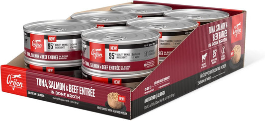 ORIJEN Premium Pate Wet Cat Food in Bone Broth Tuna Salmon & Beef Entrée 5.5oz Cans (12 Count)