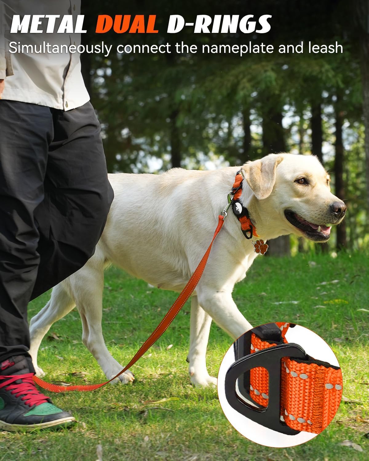 Joytale Airtag Dog Collar, Reflective Pet Collar with Waterproof AirTag Holder, Dual D-Rings, Soft Padded Adjustable for Large Dogs, Orange, L