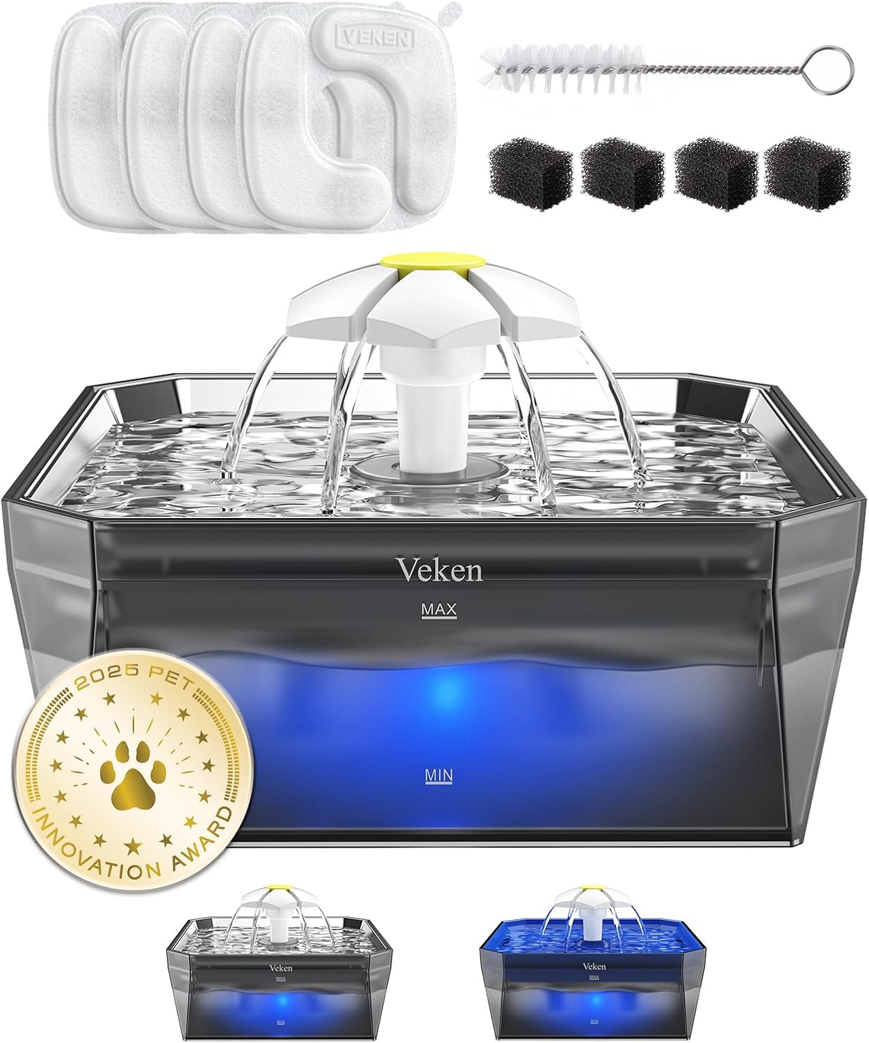 Veken Small Pet-Friendly Cat Water Fountain with Stainless Steel Lid & Quiet Pump, Easy to Clean & Assemble, 50oz Mini Pet Water Dispenser with 4 Replacement Filters & 4 Pre-Filter Sponges, Silver