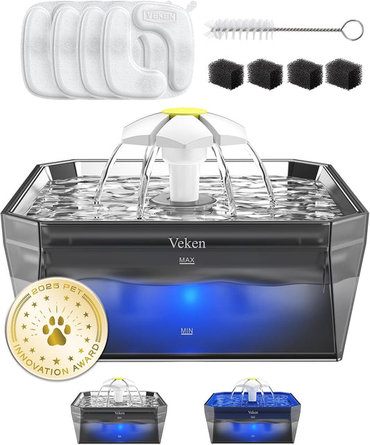 Veken Small Pet-Friendly Cat Water Fountain with Stainless Steel Lid & Quiet Pump, Easy to Clean & Assemble, 50oz Mini Pet Water Dispenser with 4 Replacement Filters & 4 Pre-Filter Sponges, Silver