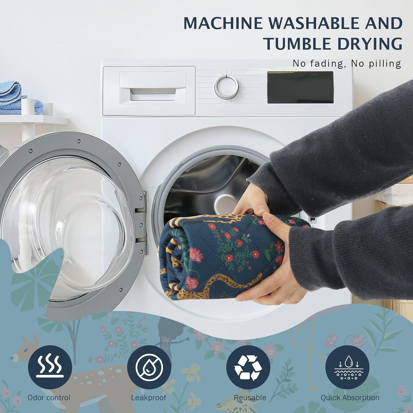 IEUUMLER Washable Pee Pads for Dogs, 2 Pack Forest Pattern Reusable Waterproof Puppy Pads, Non-Slip Super Absorbent Dog Training Pad for Playpen Crate Bed EU013 Navy Blue Jungle, 36x24