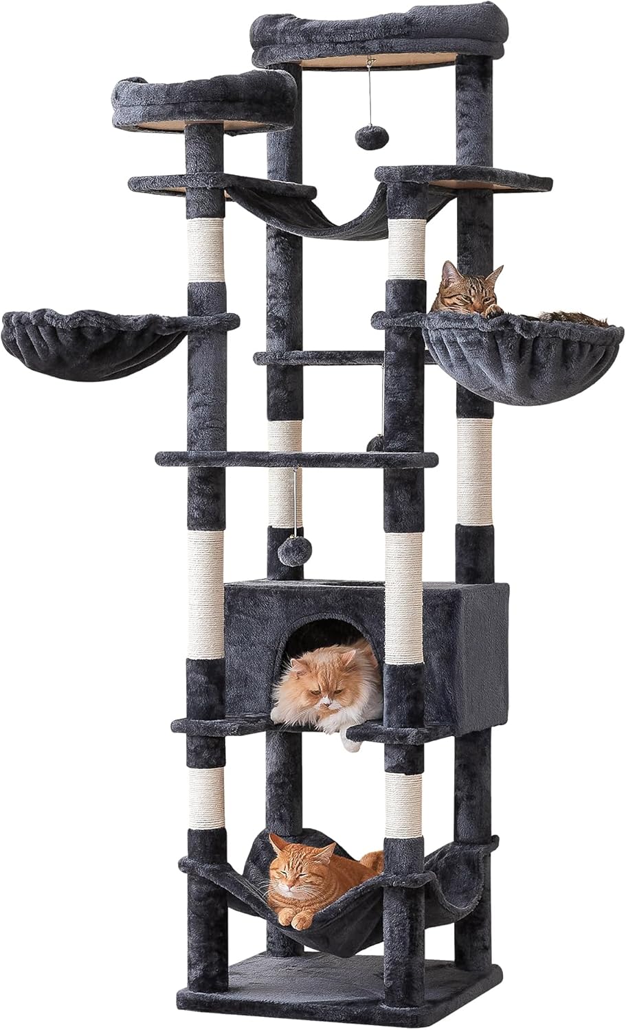 77-Inch Tall Cat Tree for Indoor Cats, Multi-Level Large Cat Tower with 4 Hammocks, 2 Padded Perches, Cat Condo, Sisal Scratching Posts and Hanging Toys for Large Adult Cat, Smoky Grey