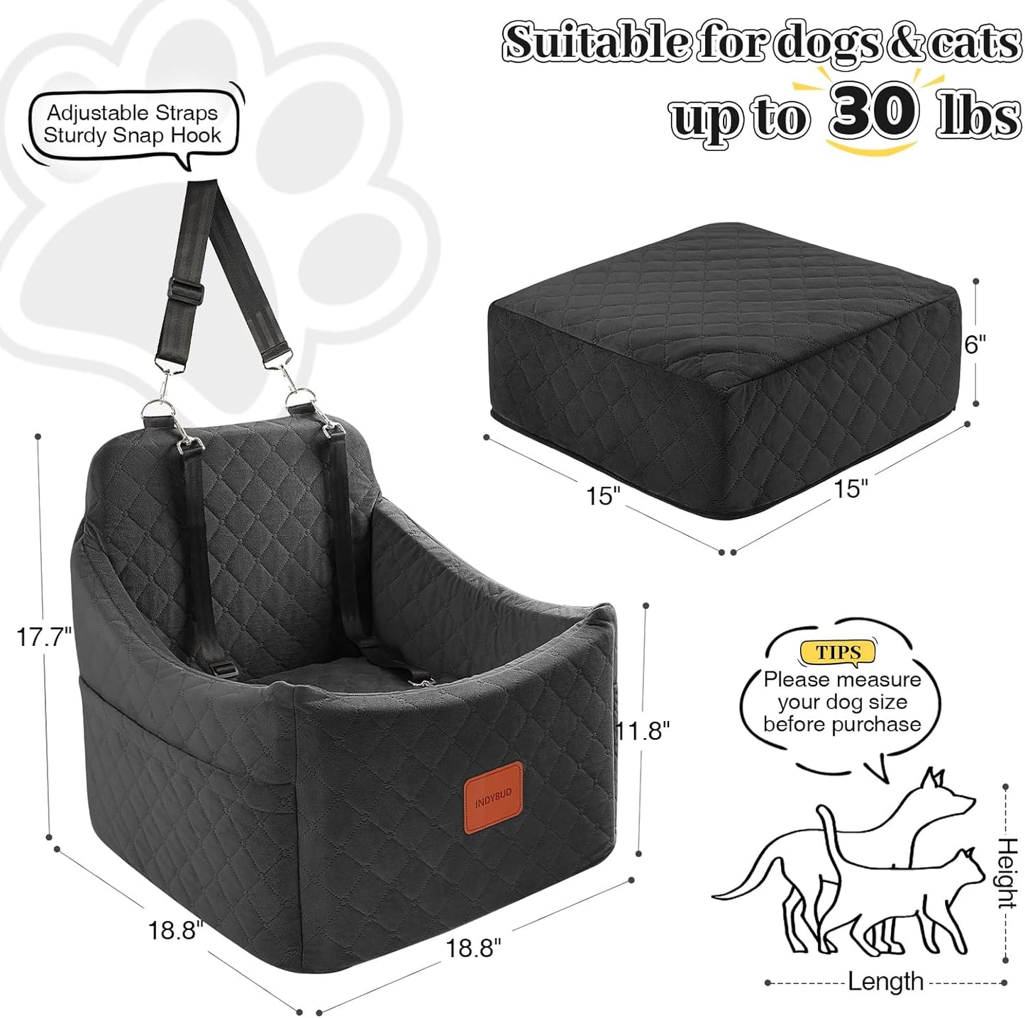 Small Dog Car Seat, Memory Foam Dog Booster Car Seats with Thick Cushion for Medium Dogs Under 35lbs, Detachable Washable Pet Seat with Storage Pockets,2 Safety Belts (Black, Medium)