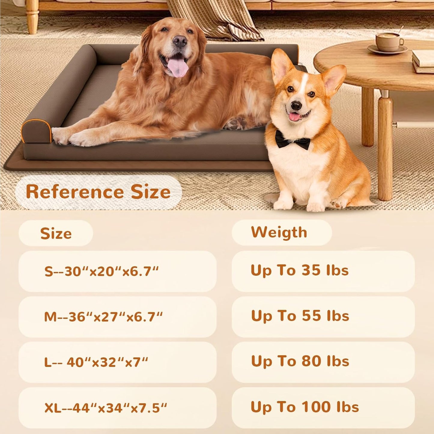 Dog Beds Medium Size Dog Waterproof Washable Pet Bed Memory Foam Orthopedic Chew Proof Dog Couch with Anti-Slip Mat (Brown)