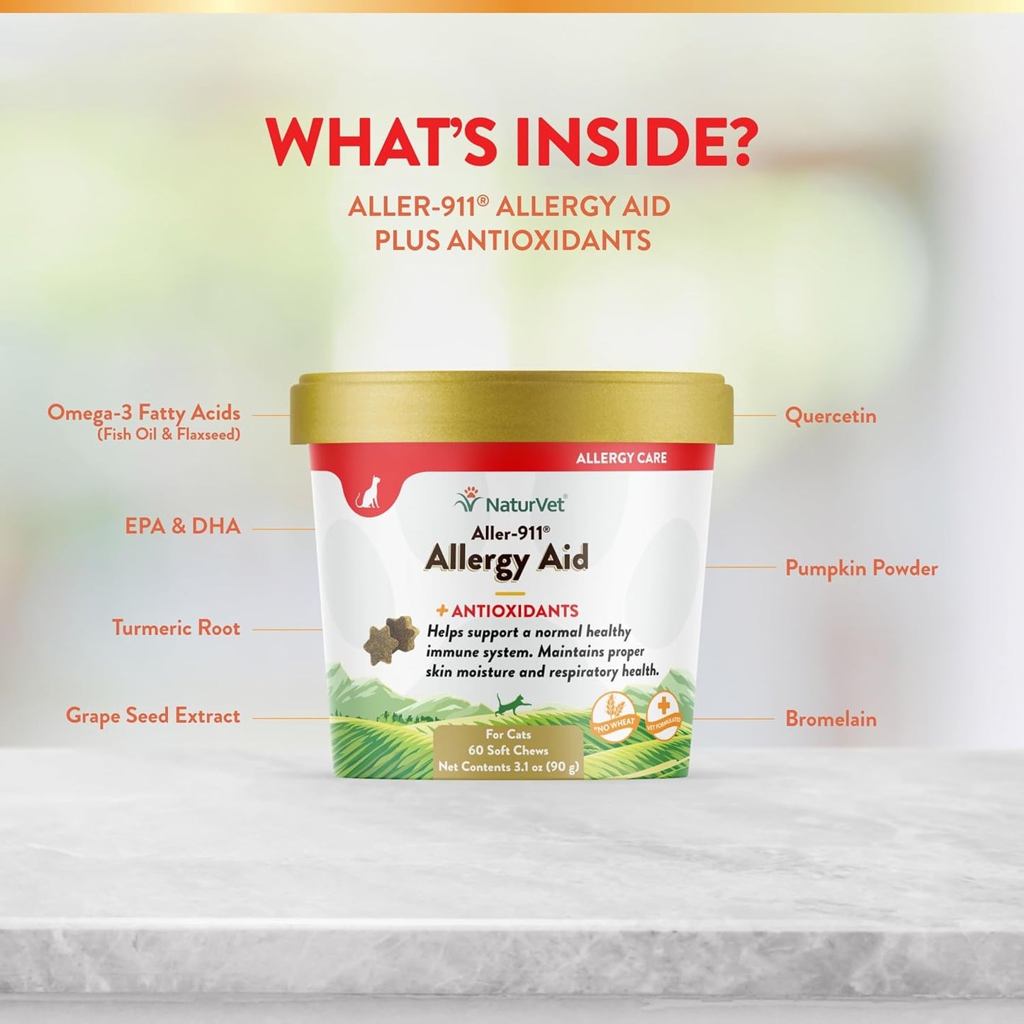 NaturVet – Aller-911 Allergy Aid Plus Antioxidants for Cats – 60 Soft Chews | Supports Immune System, Skin Moisture & Respiratory Health | Enhanced with Omegas, DHA & EPA | 30 Day Supply