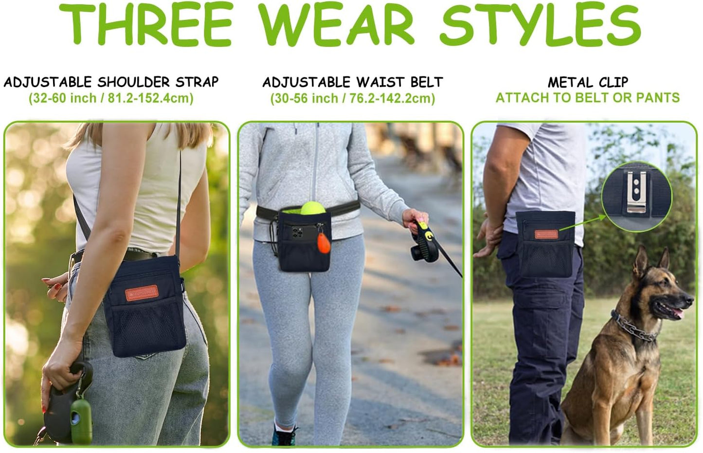 Dog Treat Pouch, Large Treat Pouches for Pet Training with Multiple Pockets, Built-in Poop Bag Dispenser & Phone Holder, 3 Wear Styles, Ideal Dog Treat Bag for Training & Walks, Black