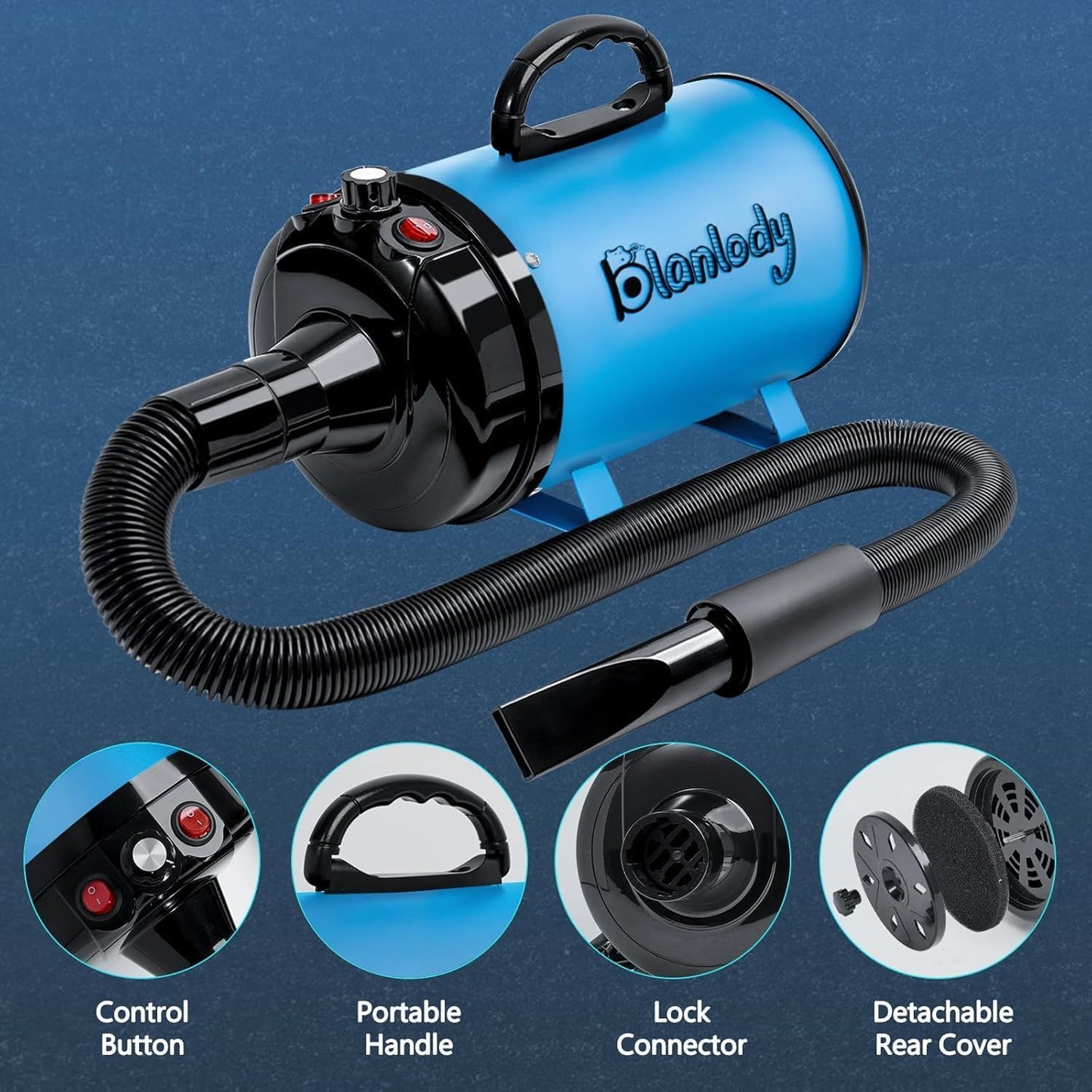 High Velocity Dog Hair Dryer 5.2HP/ 3800W Professional Dogs Blower Grooming Dryer, Adjustable Temperature and Speed Pet Dryers with 4 Nozzles and a Comb, Blue