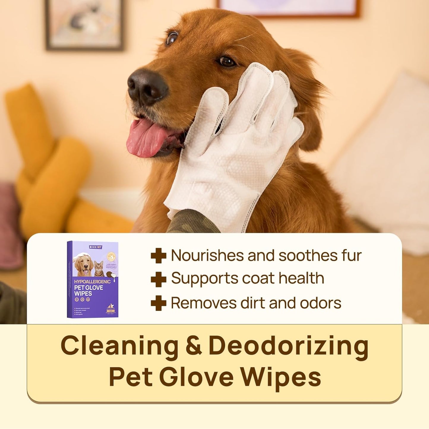HICC PET Cleaning Deodorizing Glove Wipes for Dogs & Cats, Vet Recommended Hypoallergenic Pet Cleaning and Hydrating Glove Wipes, Nourish Fur Coconut Oil Pet Bathing Wipes for Horse Coat Care