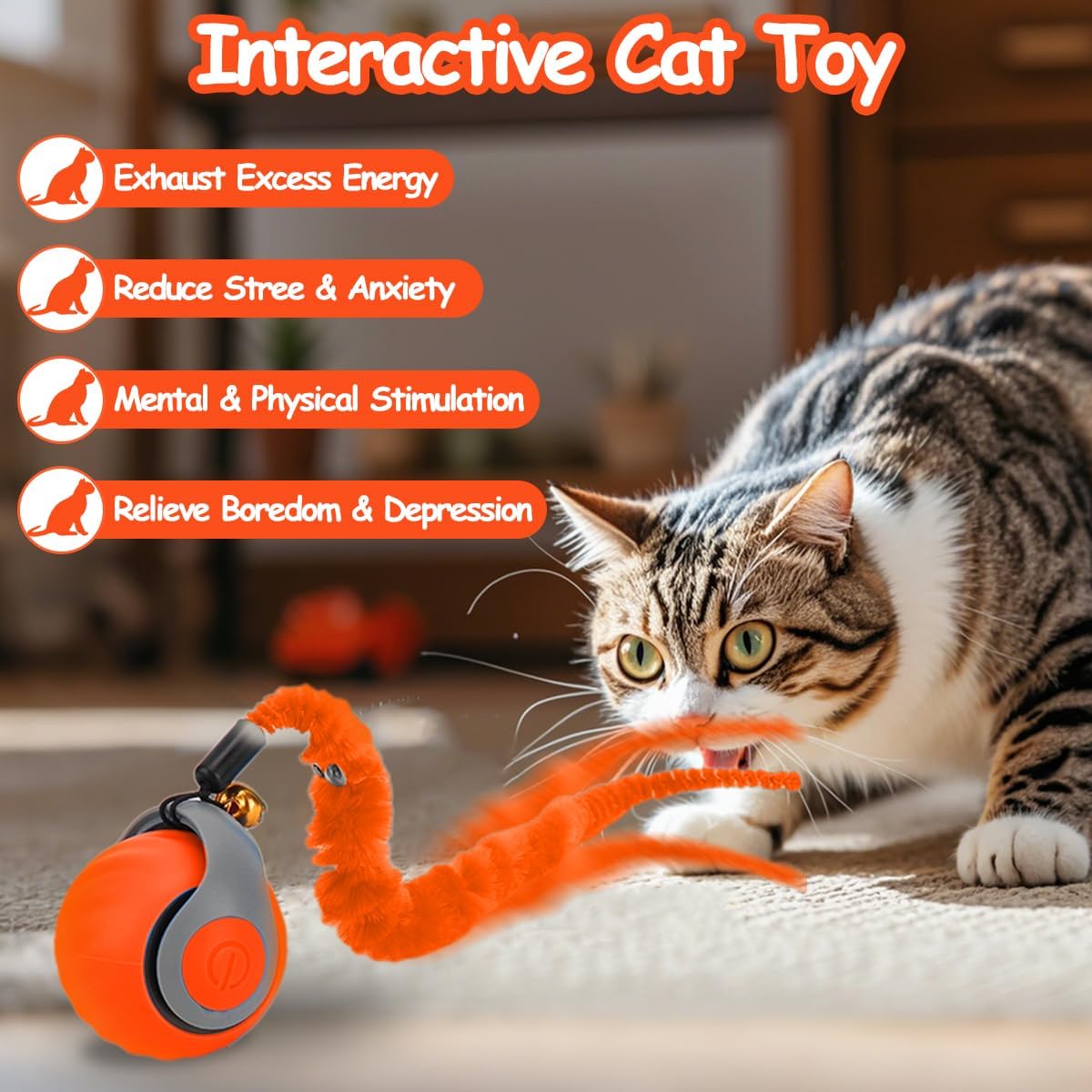 Interactive Cat Ball Toy, Self Rolling Ball with Cover Anti-Scratch for Bored Indoor Cat Chasing, Obstacle Avoidance Smart Cat Toys for Enrichment, Motion Activated Toys to Keep Them Busy （Orange）