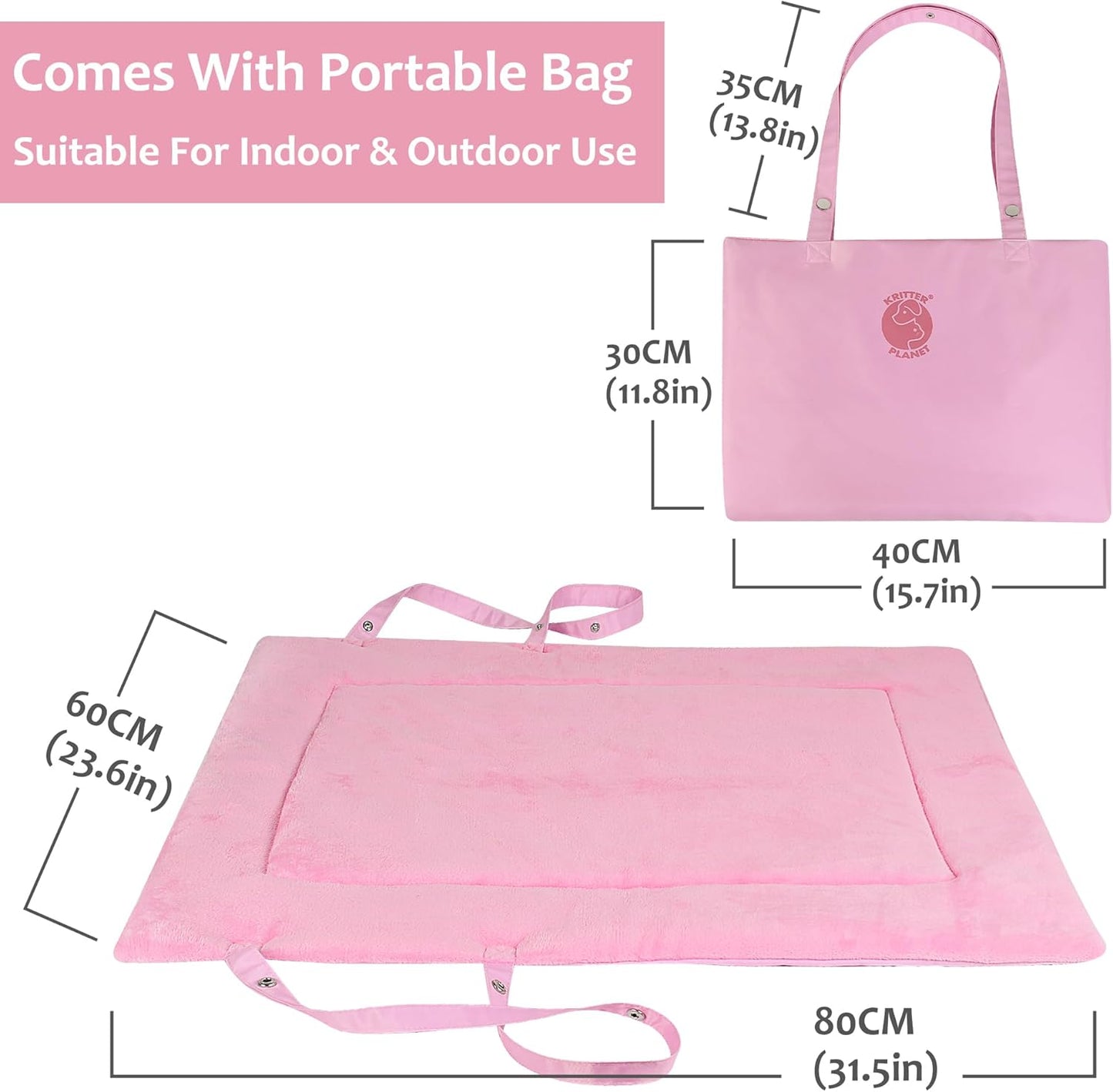 Catalonia Classic Waterproof Dog Mat, Portable Reversible Pet Travel Mat, Pet Cushion Pad with Handle for Small Medium Dogs Cats, Indoor or Outdoor, 80 x 60 cm, Pink