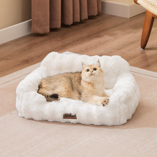 Orthopedic Cat Couch Bed for Indoor Cats, Cute Pet Sofa with Supportive Egg Foam, Fluffy Faux Fur Removable Washable Cover and Non-Slip Bottom, Ivory White