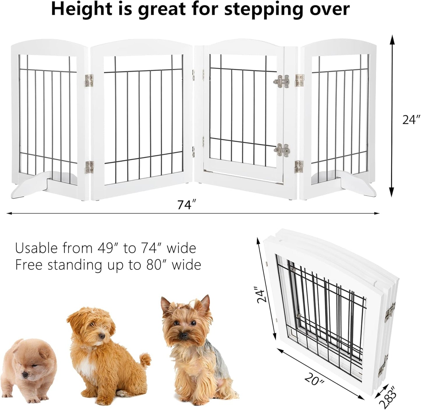 PAWLAND Freestanding Dog gate with Walk Through Door, Dog Gates for Doorways, The House, Stairs, 80" Wide Pet Puppy Safety Fence with Support Feet, 4 Panels, White