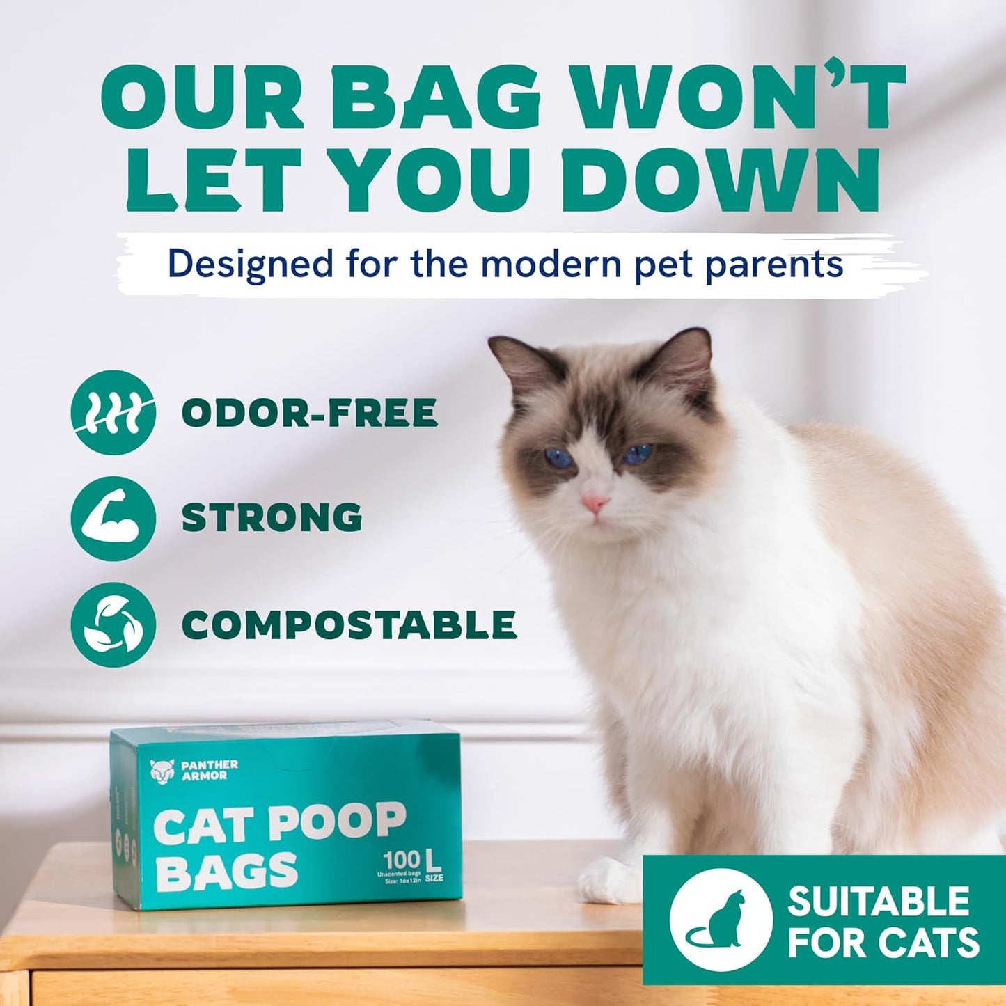 Panther Armor Litter Bags - 200x Unscented Compostable Cat Poop Bags 16x12in Super Large Cat- Kitty Leak Proof Box Trash, Odor Proof Cat Litter Disposal Bags