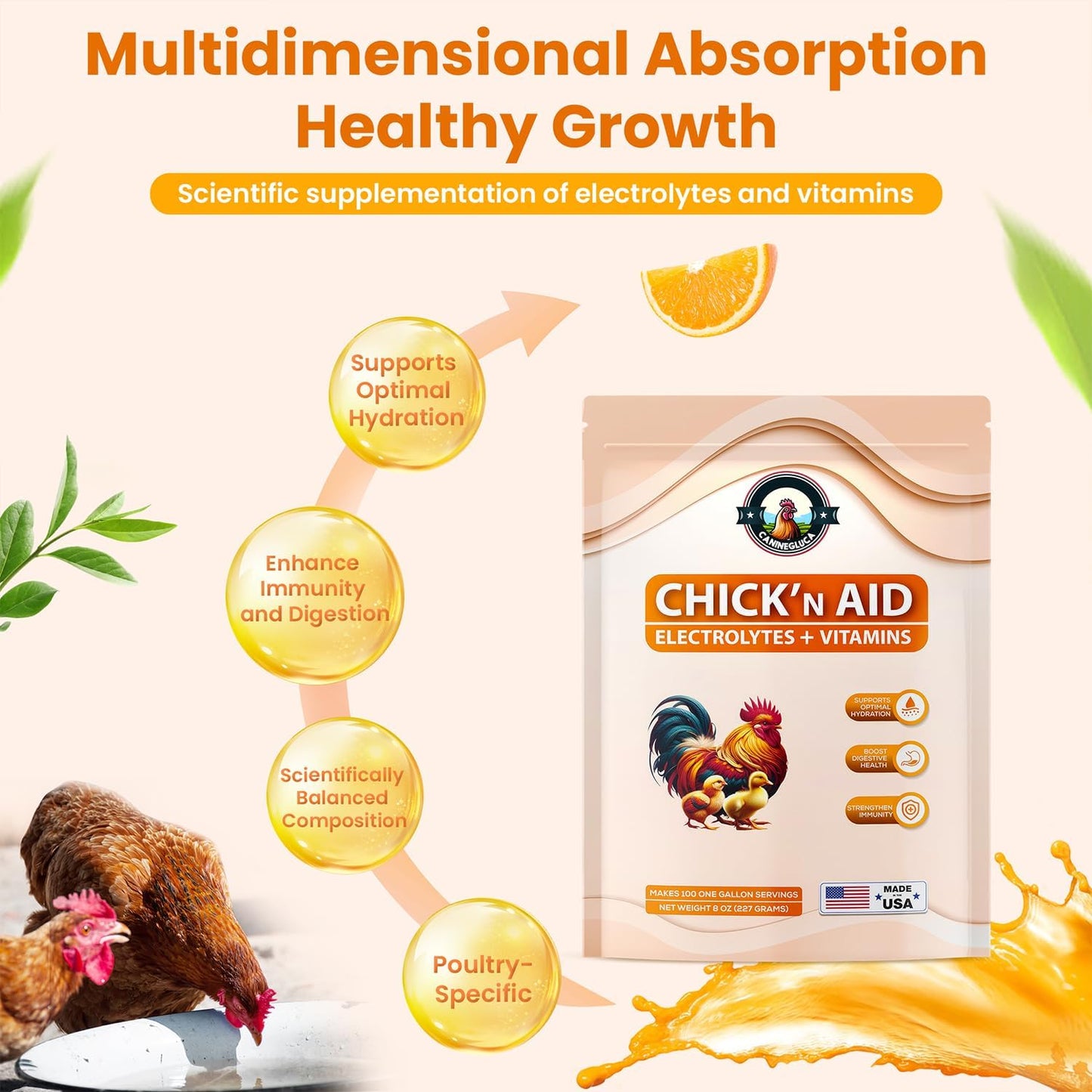 Chick’n Aid, 8 oz Essential Chicken Supplement, Ideal for Hydration, Immunity, Digestive Health. Enhanced with Poultry Vitamins, Electrolytes, and Probiotics, for Chickens, Ducks, Turkeys