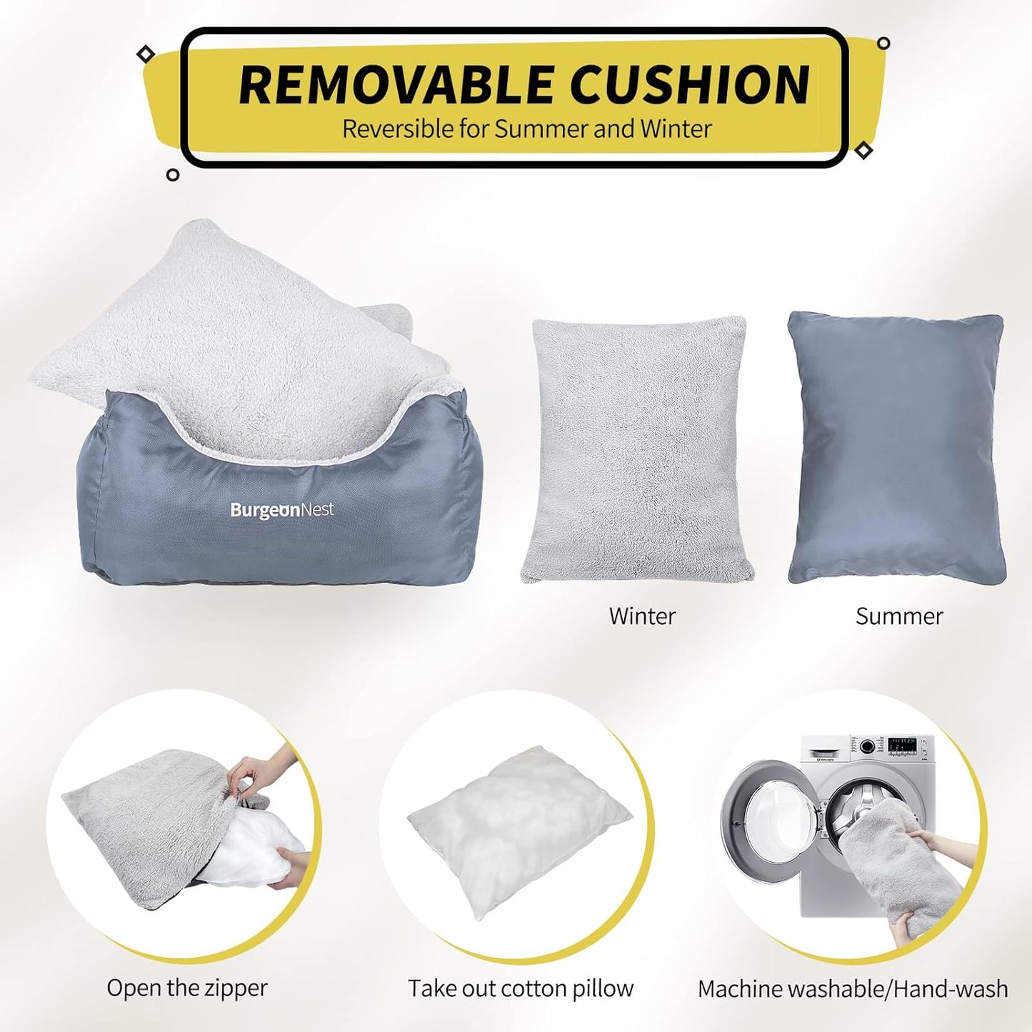 BurgeonNest Dog Car Seat for Small Dogs, Washable Soft Booster Seats for Small Pets Under 25 lbs, Portable Cat Carseat Travel Bed with Storage Pockets and Clip-On Leash, Grey