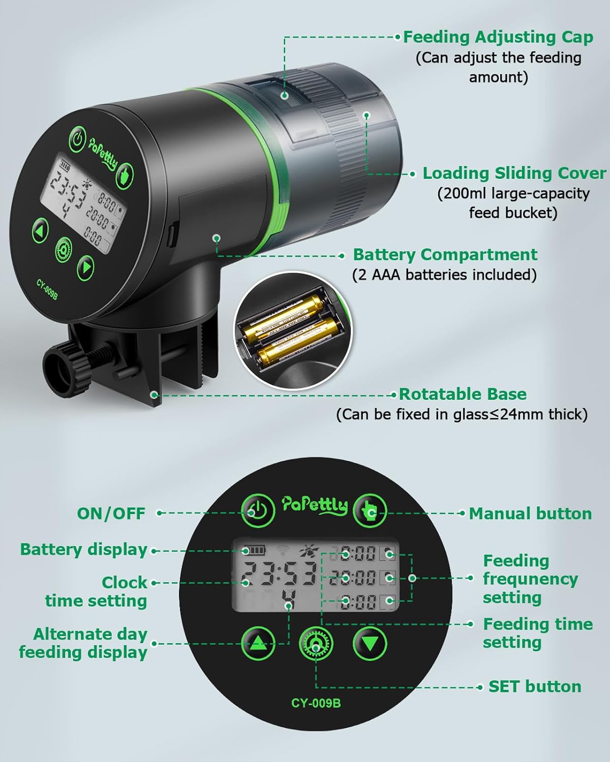 Automatic Fish Feeder for Aquarium, Auto Fish Food Dispenser with Timer and Feeding Ring, Moisture-Proof, Smart Fish Tank Vacation Feeder with 2 AAA Batteries