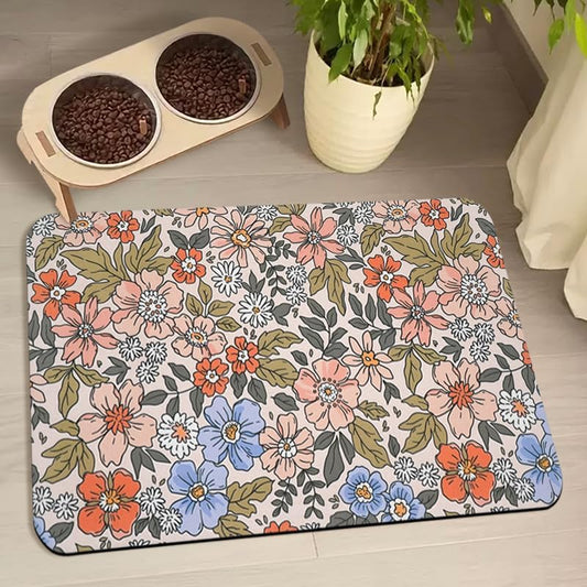 Dog Food Mats for Floors Waterproof, Cat Water Bowl Mats Pet Feeding Absorbent Placemats Flower 12 * 20 inch
